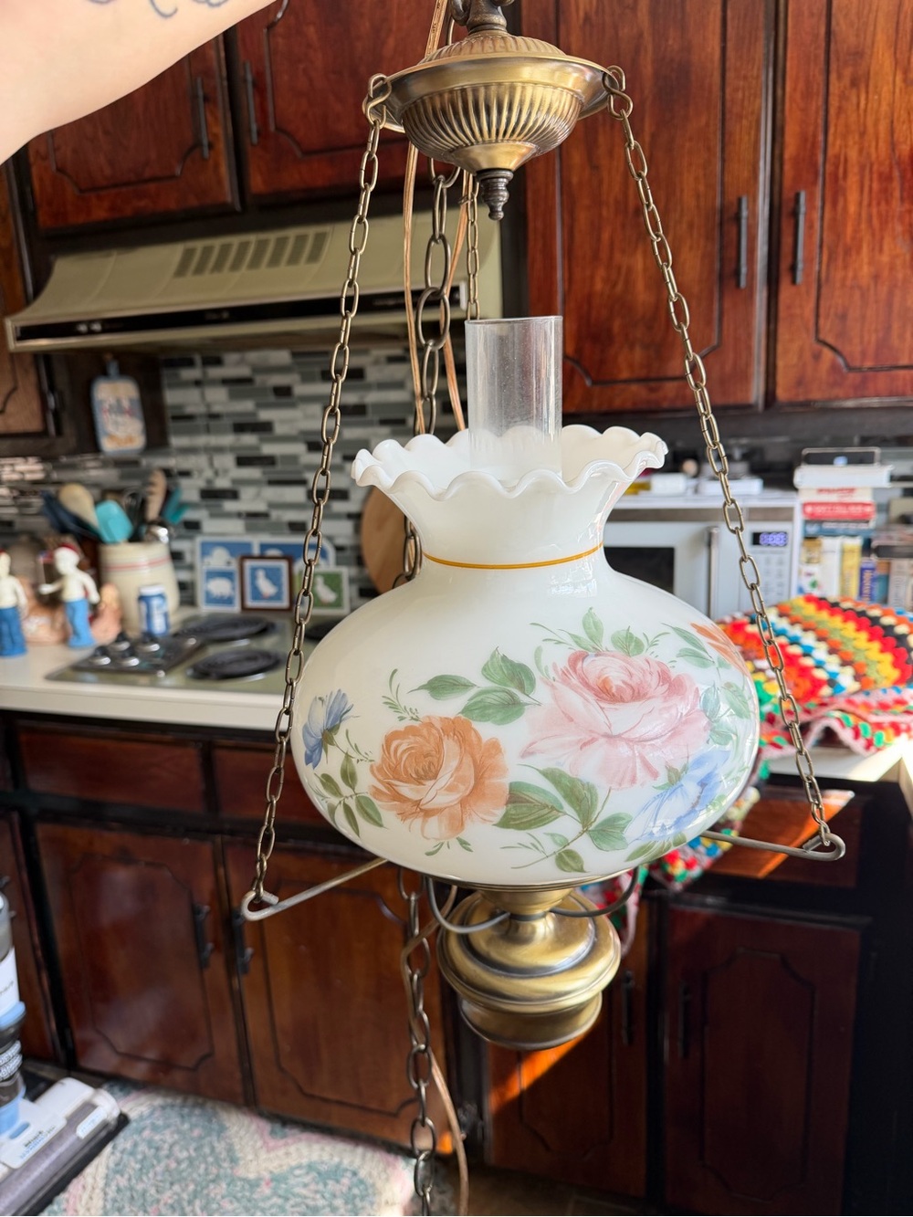 Floral Milk Glass Hanging Lamp by